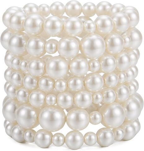 7Pcs Pearl Bracelets Set for Women, Chunky White Stretch Faux Pearl Stack Bangles, Layered Bracelet Jewelry for Wedding, Bridesmaid, Prom, Party, in Saudi Arabia