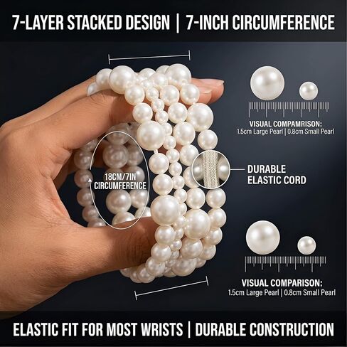 7Pcs Pearl Bracelets Set for Women, Chunky White Stretch Faux Pearl Stack Bangles, Layered Bracelet Jewelry for Wedding, Bridesmaid, Prom, Party, in Saudi Arabia