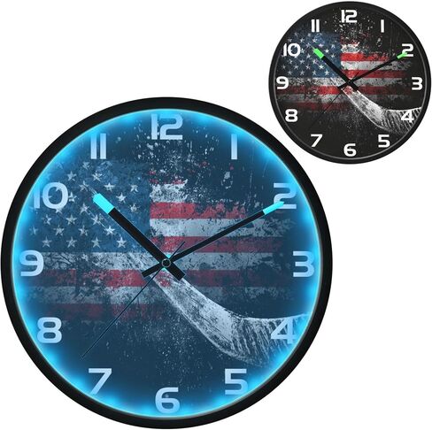 العلم الأمريكي مع ساعة حائط عصا الهوكي مع ضوء ليلي، ساعة تحكم في الصوت، تتوهج في الظلام، غير موقوتة، تعمل بالبطارية، ساعات مضيئة لغرفة النوم in Kuwait
