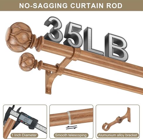 Double Curtain Rods 72-144"(6-12 Feet) for Windows, Fumlyate 1 Inch Diameter Front and 5/8 Inch Back Drapery Rod with Solid Aluminum Brackets, Heavy Duty Telescoping Dual Curtains Poles, Wood Grain in Saudi Arabia