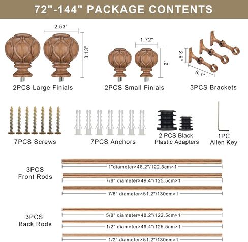 Double Curtain Rods 72-144"(6-12 Feet) for Windows, Fumlyate 1 Inch Diameter Front and 5/8 Inch Back Drapery Rod with Solid Aluminum Brackets, Heavy Duty Telescoping Dual Curtains Poles, Wood Grain in Saudi Arabia