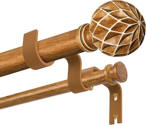 TKZTKZ Wood Double Curtain Rod for Windows 72-150,1 Inch Adjustable Farmhouse Boho Dual Curtain Rods for Windows, Heavy Duty Rod Curtain with Hand-Carved 3D Wood Grain Finials,Decorative Drapery Rods in Saudi Arabia