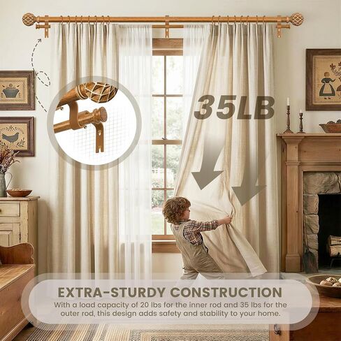 TKZTKZ Wood Double Curtain Rod for Windows 72-150,1 Inch Adjustable Farmhouse Boho Dual Curtain Rods for Windows, Heavy Duty Rod Curtain with Hand-Carved 3D Wood Grain Finials,Decorative Drapery Rods in Saudi Arabia
