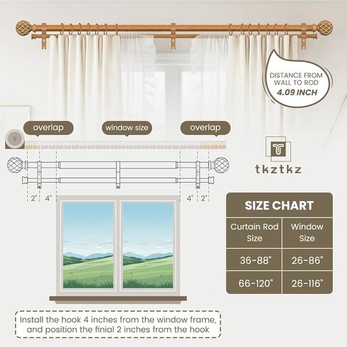 TKZTKZ Wood Double Curtain Rod for Windows 72-150,1 Inch Adjustable Farmhouse Boho Dual Curtain Rods for Windows, Heavy Duty Rod Curtain with Hand-Carved 3D Wood Grain Finials,Decorative Drapery Rods in Saudi Arabia