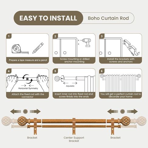 TKZTKZ Wood Double Curtain Rod for Windows 72-150,1 Inch Adjustable Farmhouse Boho Dual Curtain Rods for Windows, Heavy Duty Rod Curtain with Hand-Carved 3D Wood Grain Finials,Decorative Drapery Rods in Saudi Arabia