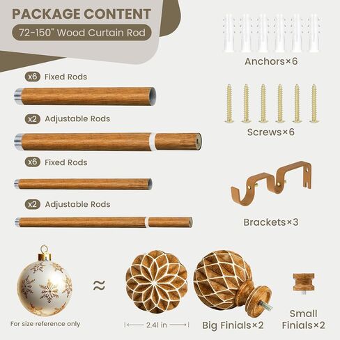 TKZTKZ Wood Double Curtain Rod for Windows 72-150,1 Inch Adjustable Farmhouse Boho Dual Curtain Rods for Windows, Heavy Duty Rod Curtain with Hand-Carved 3D Wood Grain Finials,Decorative Drapery Rods in Saudi Arabia