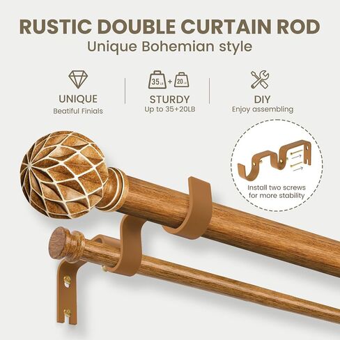 TKZTKZ Wood Double Curtain Rod for Windows 72-150,1 Inch Adjustable Farmhouse Boho Dual Curtain Rods for Windows, Heavy Duty Rod Curtain with Hand-Carved 3D Wood Grain Finials,Decorative Drapery Rods in Saudi Arabia