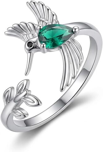 Silver Plated Hummingbird Ring with Green Teardrop Gemstone - Adjustable Nature Inspired Branch and Leaf Open Band - Unique Bird Statement Jewelry Gift for Women in Saudi Arabia