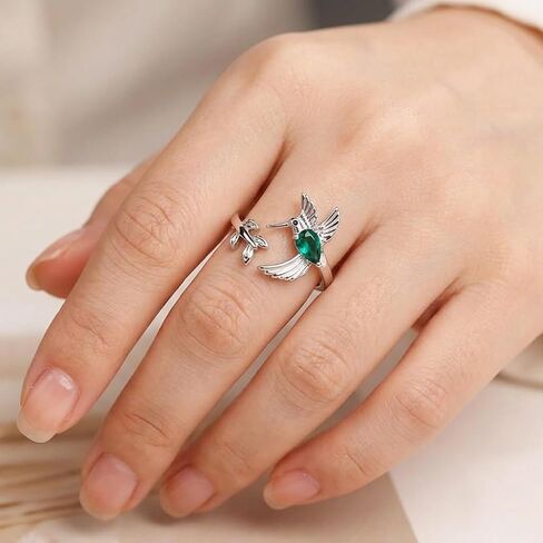 Silver Plated Hummingbird Ring with Green Teardrop Gemstone - Adjustable Nature Inspired Branch and Leaf Open Band - Unique Bird Statement Jewelry Gift for Women in Saudi Arabia