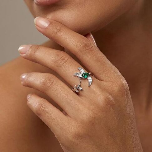 Silver Plated Hummingbird Ring with Green Teardrop Gemstone - Adjustable Nature Inspired Branch and Leaf Open Band - Unique Bird Statement Jewelry Gift for Women in Saudi Arabia