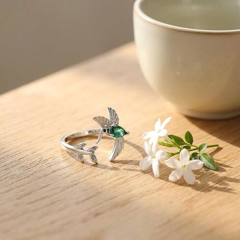 Silver Plated Hummingbird Ring with Green Teardrop Gemstone - Adjustable Nature Inspired Branch and Leaf Open Band - Unique Bird Statement Jewelry Gift for Women in Saudi Arabia