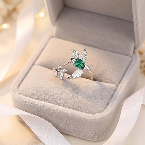 Silver Plated Hummingbird Ring with Green Teardrop Gemstone - Adjustable Nature Inspired Branch and Leaf Open Band - Unique Bird Statement Jewelry Gift for Women in Saudi Arabia