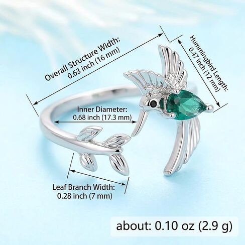 Silver Plated Hummingbird Ring with Green Teardrop Gemstone - Adjustable Nature Inspired Branch and Leaf Open Band - Unique Bird Statement Jewelry Gift for Women in Saudi Arabia