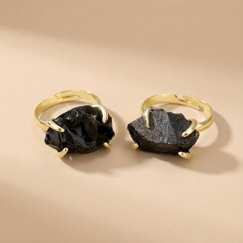 Black Obsidian Ring, Irregular Natural Raw Gemstone Rings, Bohemian Adjustable Crystal Rings for Women Men in Saudi Arabia