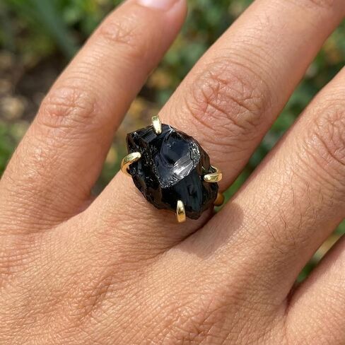 Black Obsidian Ring, Irregular Natural Raw Gemstone Rings, Bohemian Adjustable Crystal Rings for Women Men in Saudi Arabia