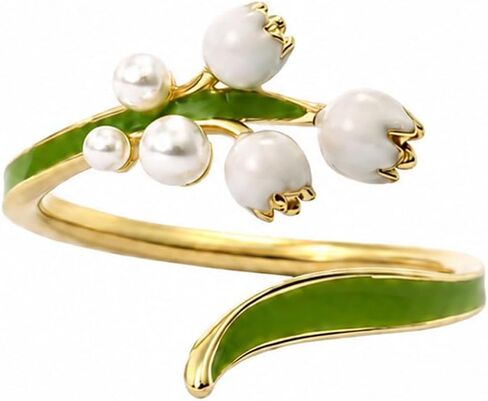 Lily of the Valley Ring for Women, Adjustable Gold Tone with Faux Pearl Flower Buds & Green Enamel Leaves Dainty Floral Statement Open May Birth Flower Jewelry Gift in Saudi Arabia