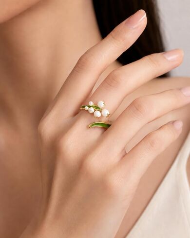 Lily of the Valley Ring for Women, Adjustable Gold Tone with Faux Pearl Flower Buds & Green Enamel Leaves Dainty Floral Statement Open May Birth Flower Jewelry Gift in Saudi Arabia