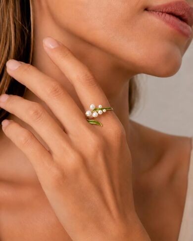 Lily of the Valley Ring for Women, Adjustable Gold Tone with Faux Pearl Flower Buds & Green Enamel Leaves Dainty Floral Statement Open May Birth Flower Jewelry Gift in Saudi Arabia
