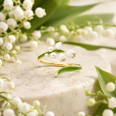Lily of the Valley Ring for Women, Adjustable Gold Tone with Faux Pearl Flower Buds & Green Enamel Leaves Dainty Floral Statement Open May Birth Flower Jewelry Gift in Saudi Arabia