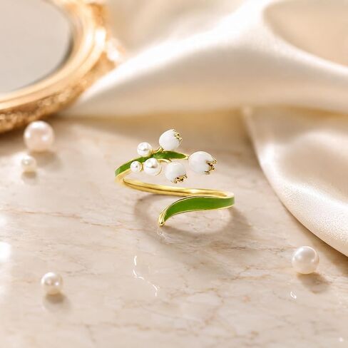 Lily of the Valley Ring for Women, Adjustable Gold Tone with Faux Pearl Flower Buds & Green Enamel Leaves Dainty Floral Statement Open May Birth Flower Jewelry Gift in Saudi Arabia