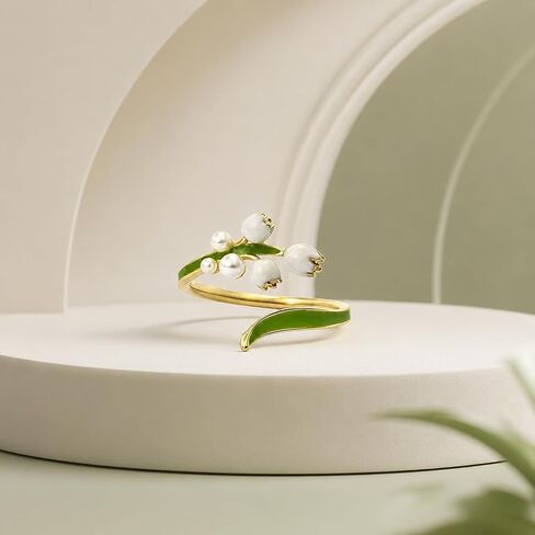 Lily of the Valley Ring for Women, Adjustable Gold Tone with Faux Pearl Flower Buds & Green Enamel Leaves Dainty Floral Statement Open May Birth Flower Jewelry Gift in Saudi Arabia