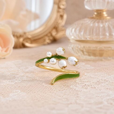 Lily of the Valley Ring for Women, Adjustable Gold Tone with Faux Pearl Flower Buds & Green Enamel Leaves Dainty Floral Statement Open May Birth Flower Jewelry Gift in Saudi Arabia