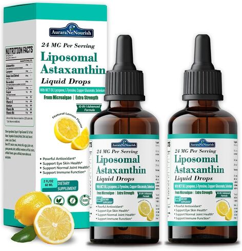 2 Packs Liposomal Astaxanthin 24mg Liquid Drops, 11-in-1 Antioxidant Supplement with MCT Oil, Lycopene & Coconut Oil, from Microalgae Source, Supports Healthy Skin, Joint & Eye Health in Saudi Arabia