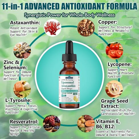 2 Packs Liposomal Astaxanthin 24mg Liquid Drops, 11-in-1 Antioxidant Supplement with MCT Oil, Lycopene & Coconut Oil, from Microalgae Source, Supports Healthy Skin, Joint & Eye Health in Saudi Arabia