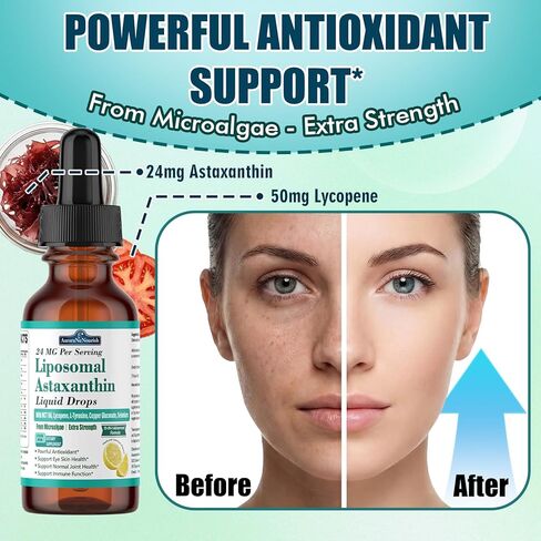 2 Packs Liposomal Astaxanthin 24mg Liquid Drops, 11-in-1 Antioxidant Supplement with MCT Oil, Lycopene & Coconut Oil, from Microalgae Source, Supports Healthy Skin, Joint & Eye Health in Saudi Arabia