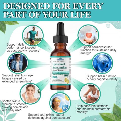 2 Packs Liposomal Astaxanthin 24mg Liquid Drops, 11-in-1 Antioxidant Supplement with MCT Oil, Lycopene & Coconut Oil, from Microalgae Source, Supports Healthy Skin, Joint & Eye Health in Saudi Arabia