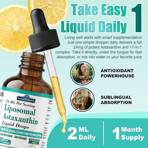 2 Packs Liposomal Astaxanthin 24mg Liquid Drops, 11-in-1 Antioxidant Supplement with MCT Oil, Lycopene & Coconut Oil, from Microalgae Source, Supports Healthy Skin, Joint & Eye Health in Saudi Arabia