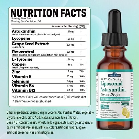 2 Packs Liposomal Astaxanthin 24mg Liquid Drops, 11-in-1 Antioxidant Supplement with MCT Oil, Lycopene & Coconut Oil, from Microalgae Source, Supports Healthy Skin, Joint & Eye Health in Saudi Arabia