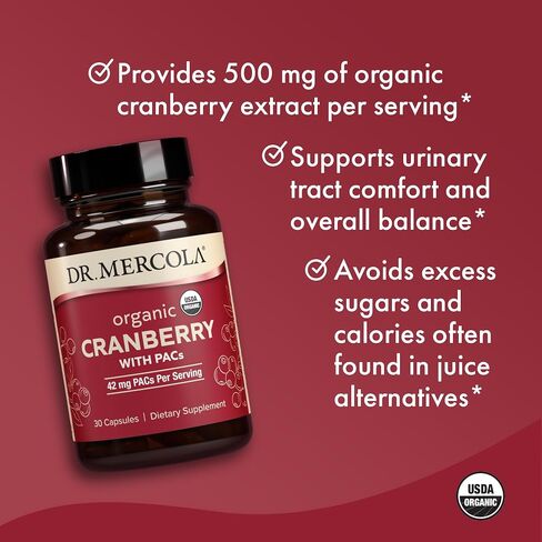 Dr. Mercola Organic Cranberry with PACs - Organic Cranberry Supplement for Urinary Tract Wellness* - Potent Antioxidants for Oxidative Stress Support* - Non-GMO, Gluten-Free, Soy-Free - 30 Capsules in Kuwait