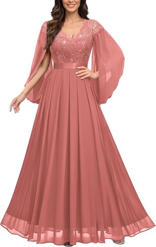 Miusol Women's Elegant V-Neck Lace Sequin Cape Split Sleeve Bridesmaid Evening Long Dress in Kuwait
