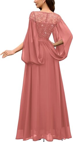 Miusol Women's Elegant V-Neck Lace Sequin Cape Split Sleeve Bridesmaid Evening Long Dress in Kuwait