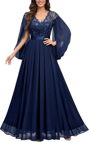 Miusol Women's Elegant V-Neck Lace Sequin Cape Split Sleeve Bridesmaid Evening Long Dress in Kuwait