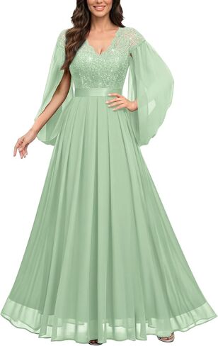 Miusol Women's Elegant V-Neck Lace Sequin Cape Split Sleeve Bridesmaid Evening Long Dress in Kuwait