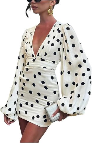 GORGLITTER Women's Polka Dots Mini Dress Birthday Wedding Guest Dress Ruched V Neck Bishop Long Sleeve Shower Sundress in Saudi Arabia