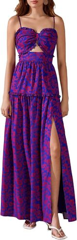 Summer Boho Floral Maxi Dress Ruffle Cutout Bow High Slit Sundress Spaghetti Strap Flowy Beach Long Dresses for Women in Saudi Arabia