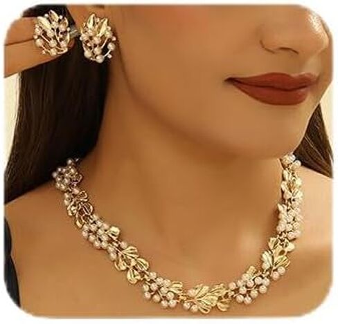 Fashion Bride Silver Gold Plated Bridal Layered Leaf Faux Pearls Necklace Earrings Set Wedding Jewelry Set Choker Necklace Stud Earrings Set for Women in Saudi Arabia