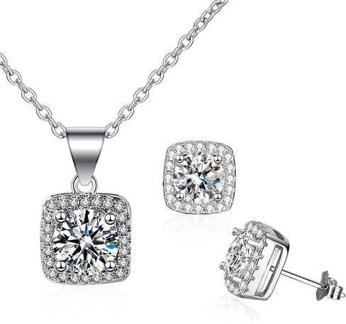 Cubic Zirconia Earring And Necklace Set For Women Trendy Square Halo Dainty Stud Earrings Necklace Set Silver in Saudi Arabia