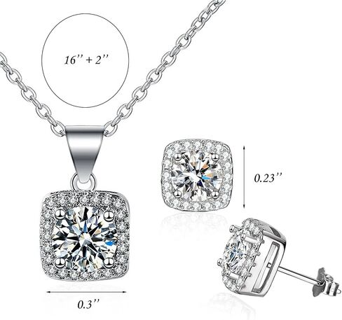 Cubic Zirconia Earring And Necklace Set For Women Trendy Square Halo Dainty Stud Earrings Necklace Set Silver in Saudi Arabia