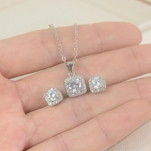 Cubic Zirconia Earring And Necklace Set For Women Trendy Square Halo Dainty Stud Earrings Necklace Set Silver in Saudi Arabia