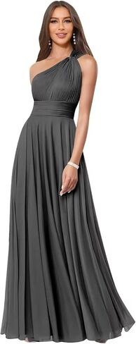 One Shoulder Bridesmaid Dresses for Women A Line Ruched Long Chiffon Formal Evening Dress with Pockets in Saudi Arabia