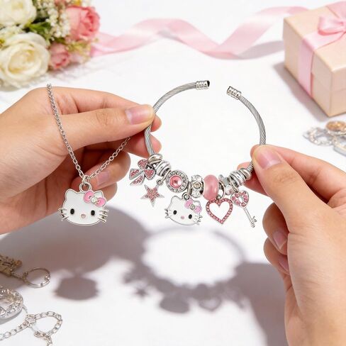 Purr-fect Cat Jewelry Set for Women - Adjustable Enamel Bracelet & Pendant Necklace with Whiskered Cutie Pendants, Simulated Gemstones & Cubic Zirconia, Ideal for Valentine's Day, Mother's Day & Christmas Gifting in Saudi Arabia