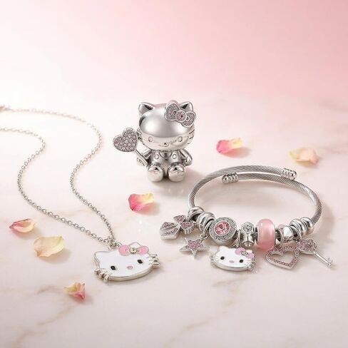 Purr-fect Cat Jewelry Set for Women - Adjustable Enamel Bracelet & Pendant Necklace with Whiskered Cutie Pendants, Simulated Gemstones & Cubic Zirconia, Ideal for Valentine's Day, Mother's Day & Christmas Gifting in Saudi Arabia