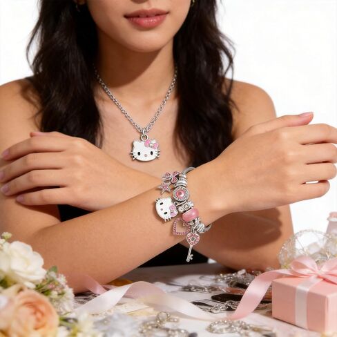 Purr-fect Cat Jewelry Set for Women - Adjustable Enamel Bracelet & Pendant Necklace with Whiskered Cutie Pendants, Simulated Gemstones & Cubic Zirconia, Ideal for Valentine's Day, Mother's Day & Christmas Gifting in Saudi Arabia