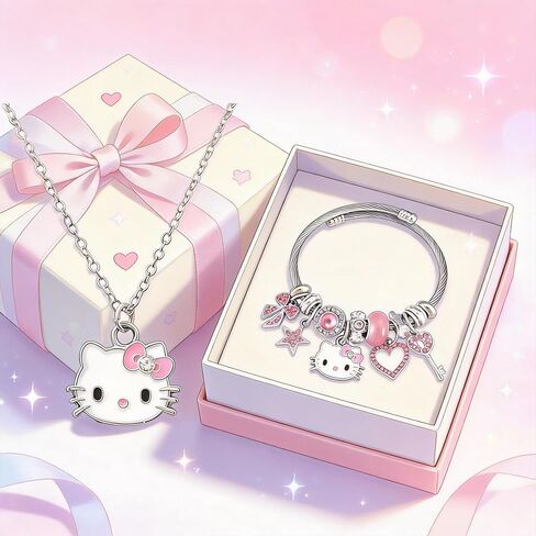 Purr-fect Cat Jewelry Set for Women - Adjustable Enamel Bracelet & Pendant Necklace with Whiskered Cutie Pendants, Simulated Gemstones & Cubic Zirconia, Ideal for Valentine's Day, Mother's Day & Christmas Gifting in Saudi Arabia