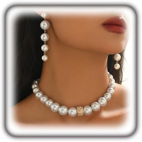 Vintage Chunky Pearl Jewelry Set for Women, Geometric Imitation Pearl Beaded Choker Necklace Dangle Drop Earrings Bridal Jewelry Party Gifts in Saudi Arabia