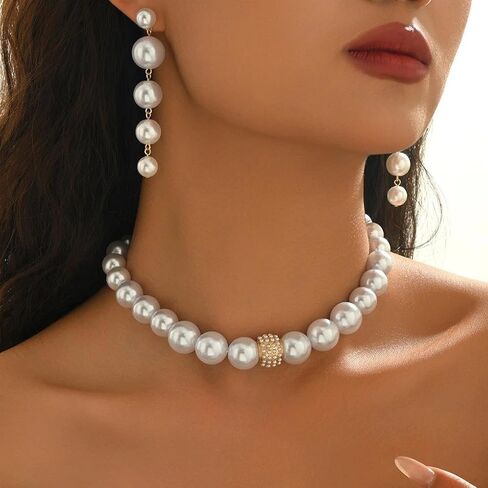 Vintage Chunky Pearl Jewelry Set for Women, Geometric Imitation Pearl Beaded Choker Necklace Dangle Drop Earrings Bridal Jewelry Party Gifts in Saudi Arabia